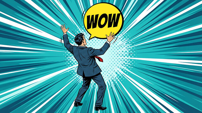 Businessman cheering with a wow speech bubble in pop art comic style
