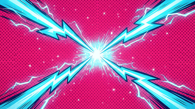 Explosion of blue electric lightning bolts against a pink comic book background