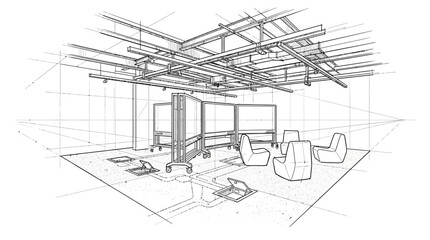 Fototapeta premium Meeting room blueprint depicts a collaborative workspace with curved screens and armchairs.