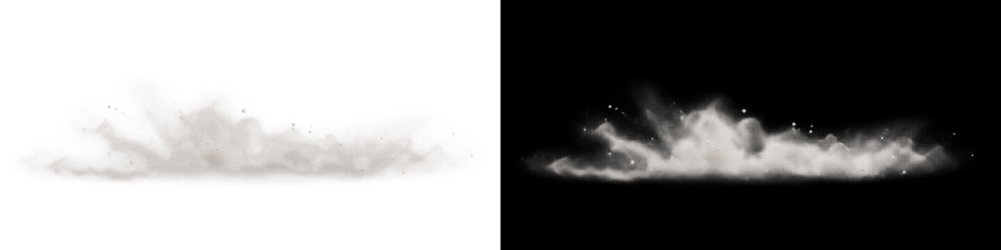 Low lying white fog cloud on transparent background, horizontal rolling atmospheric steam mist banner with soft puffy vapor. Natural ground smoke haze overlay creates spooky graveyard ambiance.