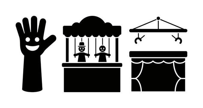 Puppet Show Icons Set Featuring Hand Puppets and Miniature Theatrical Stages