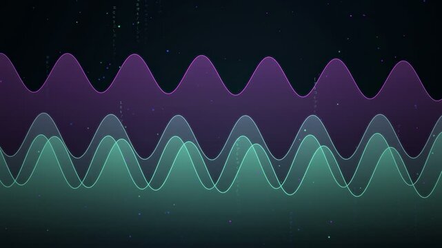 Abstract Digital Audio Waveforms with Glowing Purple and Teal Lines on Dark Background