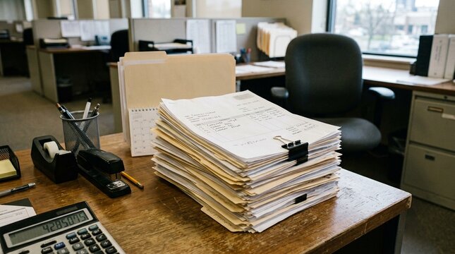 Accounts Payable Desk with a Stack of Construction Invoices &ndash; Accounts Payable and Bookkeeping Concept