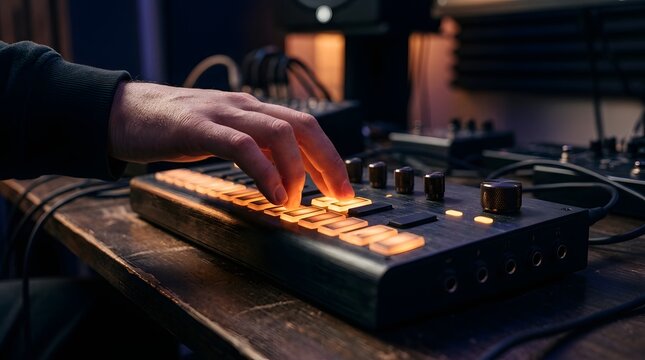 Professional sound engineer hand adjusting lighting-up faders on audio mixing console in dim recording studio atmosphere with audio mixer