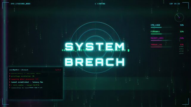 Futuristic Digital Interface Showing System Breach Warning with Scrolling Code and Cyber Security Alert