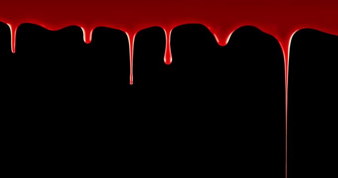 Vivid red blood flowing down over black and green screen. Blood red drops dripping down. Scary bleeding overlay showing frightening violence, an injury, terror, or a spooky Halloween background.