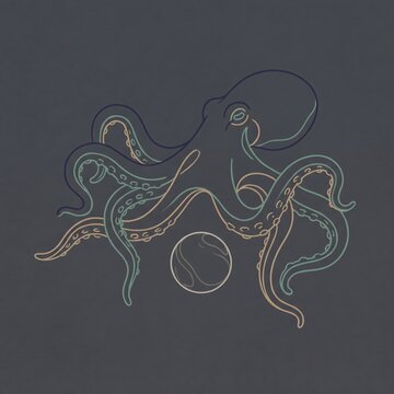 Minimalist octopus line art, nautical sea creature sketch, dark marine design