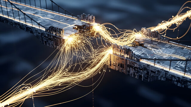 Digital bridge connection concept illustrating abstract data flow and information transmission in a futuristic global network infrastructure
