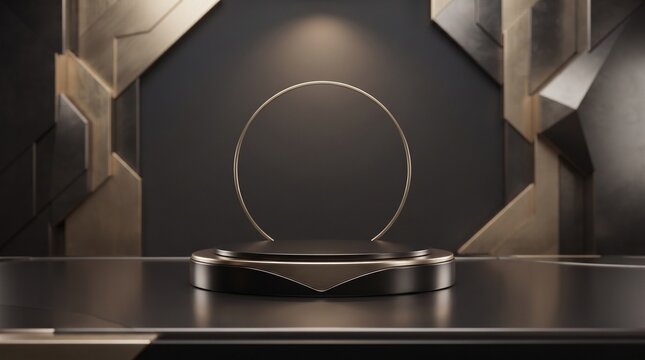 Luxury Black Gold Metallic Product Podium Futuristic Glowing Circle Stage Showcase 3D Render Illustration Background Isolated Premium Stock Illustration