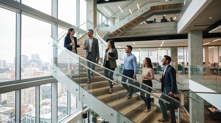 Obraz premium Professional business team walking up modern glass office building staircase