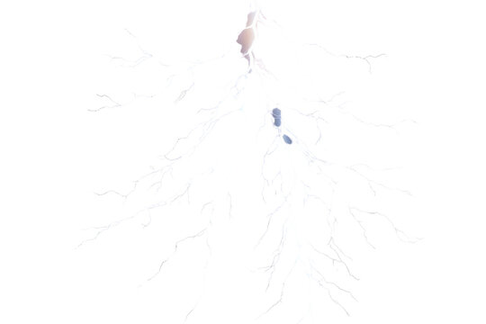 Wide pale lightning strike spreading across the sky presented on a transparent background