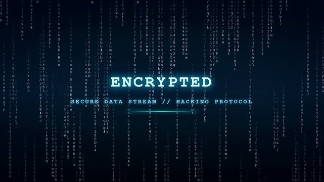 Digital blue binary code rain background with encrypted data stream and hacking protocol text
