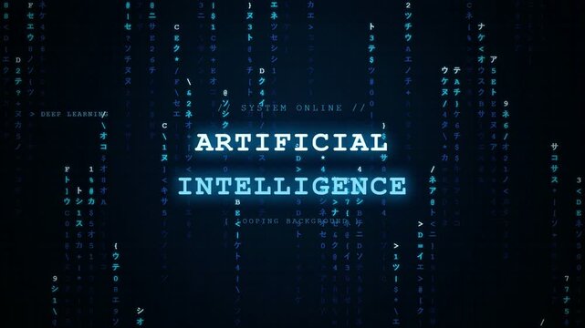Digital blue data stream background with artificial intelligence text and falling binary code animation