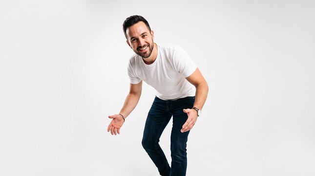 Young professional man leaning forward with open arms in neutral studio setting with clean white background