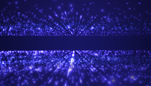 Data transformation. Futuristic perspective with particles. Digital technology background with glowing blue dots. Abstract grid and dynamic light waves. Data depth visualization. Vector illustration.