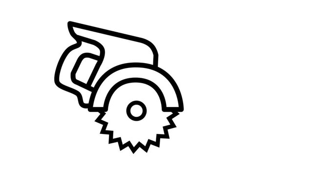 Black line art animation of a circular saw cutting on a white background. Minimalist woodworking, construction, and carpentry tool.