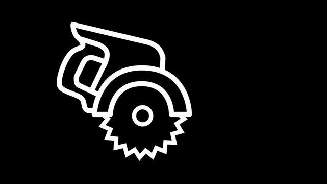 White line art animation of a circular saw cutting on a black background. Minimalist woodworking, construction, and carpentry tool.