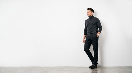 Fototapeta premium Professional man in dark sweater and jeans leaning casually against plain wall with clean copy space