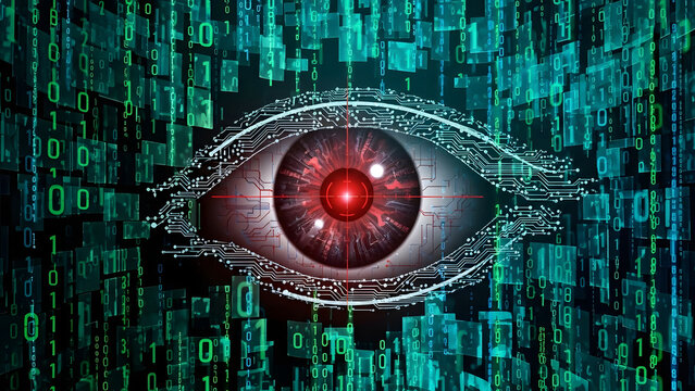 An advanced cybernetic eye with a glowing red pupil stares out from a digital matrix of binary code, symbolizing surveillance and data security in the digital age