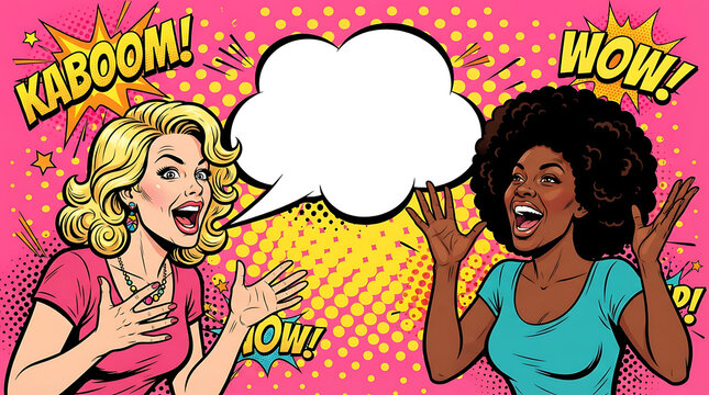 Two excited women interacting in retro pop art comic style with blank speech
