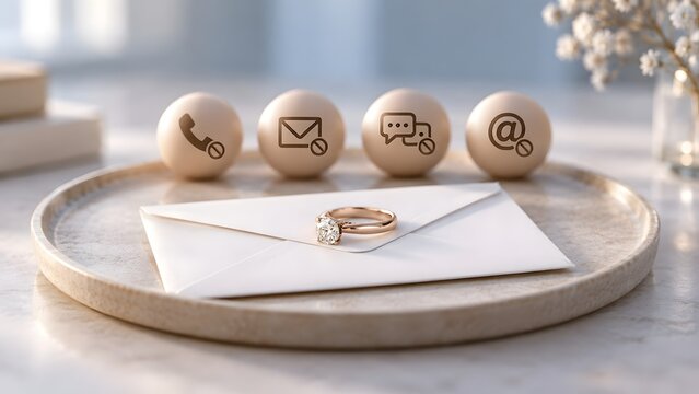 Diamond engagement ring on white envelope with crossed out communication icons representing disconnected romantic proposal or secret love letter