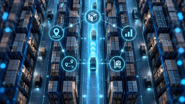 Smart warehouse automation concept with digital network icons overlaying moving forklift in modern automated storage and distribution center