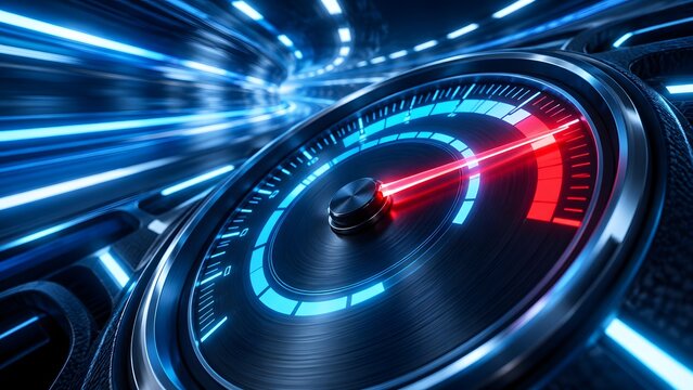 High speed futuristic glowing speedometer with red needle pointing to maximum performance with motion blur tunnel background