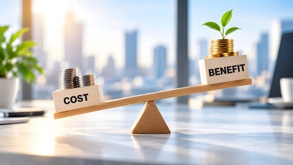Obraz na płótnie Canvas Cost benefit analysis concept with wooden balancing scale weighing coins against growing green plant on office desk with city view