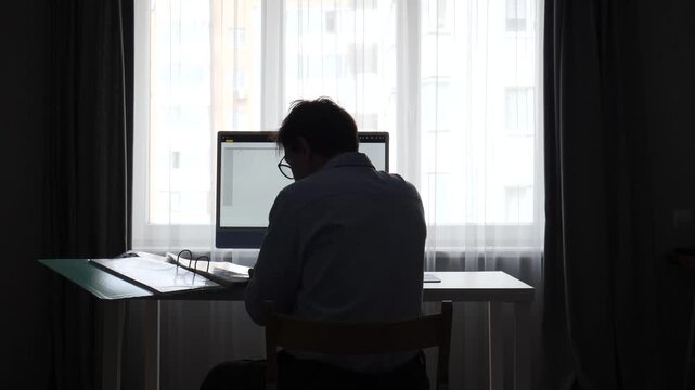 Silhouette of a professional working from home at a desk by a bright window, focused on a computer screen remote work productivity in a calm home office setting