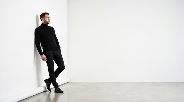 Professional man in black suit leaning casually against minimalist white wall in modern studio setting with ample copy space