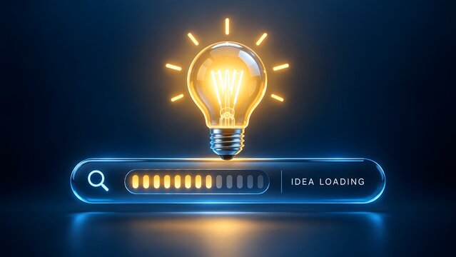 Idea loading concept with glowing vintage light bulb above digital progress bar showing searching status on dark background