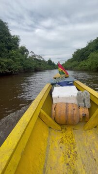 First person view from a canoe moving forward on an Amazon tributary in Bolivia. The bow points down the river between forested banks. Tropical exploration and adventure by boat.