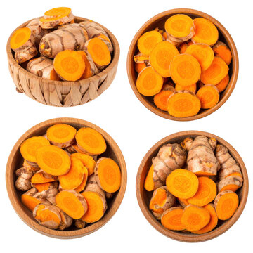 Overhead View of Freshly Sliced Turmeric Roots and Pieces Displayed in Wooden Bowls Against Transparent Background