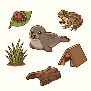 Cute wildlife animal collection, cartoon seal and frog icons, nature set