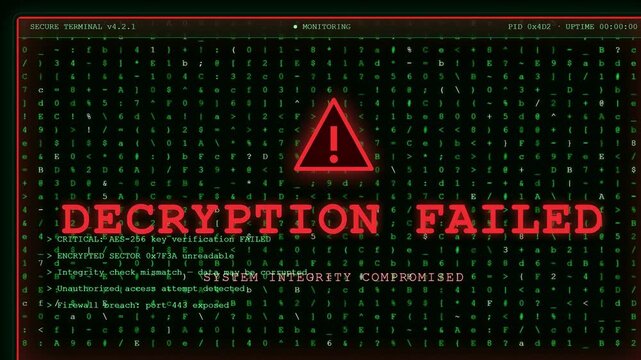 Digital screen displaying decryption failed warning with red alert symbol and scrolling computer code