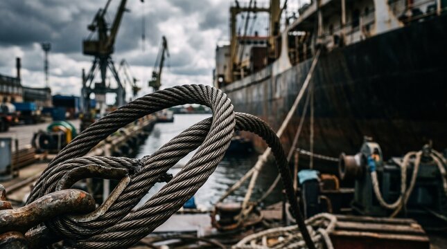 Rope knot and ship at a busy dock under a cloudy sky, texure concept 