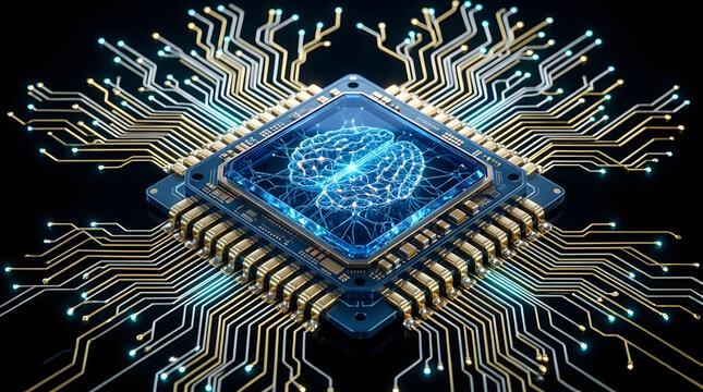 Central processing unit microchip with a glowing neon blue digital human brain illustration and gold circuit lines on a black background