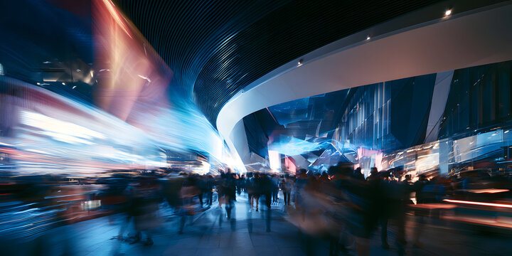 A shopping mall scene with people moving, blurred due to generative AI techniques