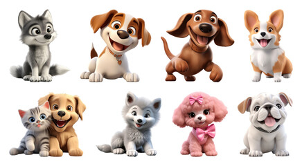 Obraz premium PNG Cute cartoon puppies and pets collection isolated, transparent background