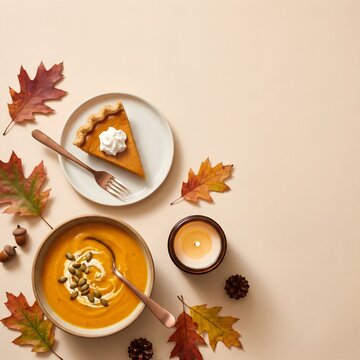 Autumn pumpkin soup and pie slice, cozy fall food flat lay, seasonal dinner