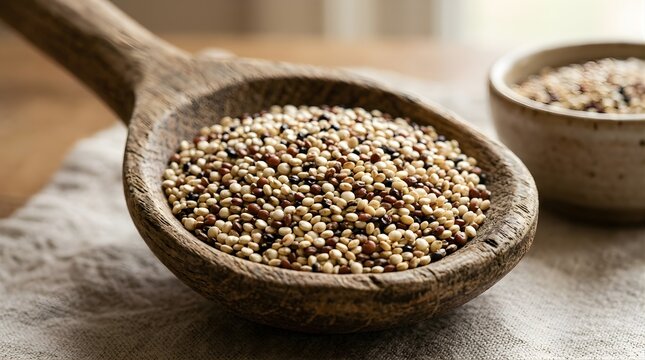 Heap of mixed raw quinoa grains served in a rustic wooden spoon