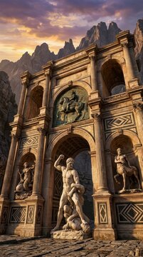 Ancient archway with classical statues and mountain background