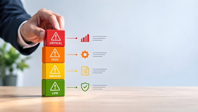 Risk management assessment concept hand stacking colorful blocks with critical high medium low level icons for business strategy and safety protocol
