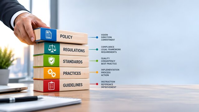 Corporate compliance regulatory framework concept human hand stacking colorful books with policy regulations standards practices and guidelines text