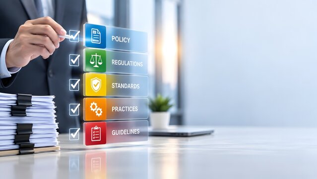 Corporate compliance digital checklist concept businessman hand using virtual pen marking policy regulations standards practices guidelines interface