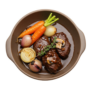 Top View Of Braised Beef With Carrots Onions And Mushrooms In A Brown Bowl With Transparent Background