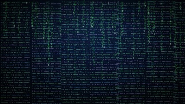 Digital stream of green and blue computer code scrolling on a dark screen background
