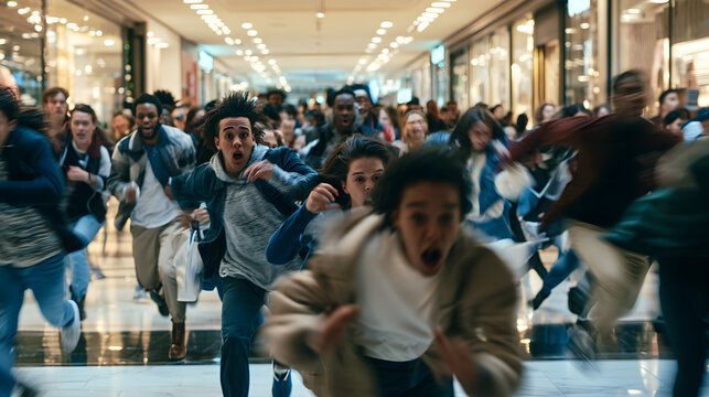 Crowded shoppers during Black Friday at the mall, rushing while shopping for seasonal sales. A mix of customers seeking bargains and deals