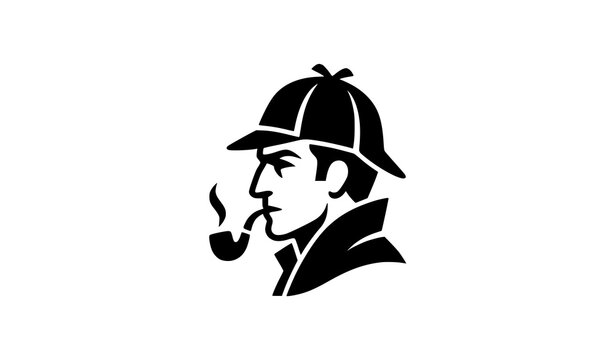 Sherlock Holmes Detective Profile with Deerstalker Hat and Pipe Vector