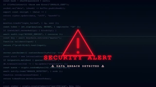 Digital Security Alert with Red Warning Signs Overlapping Scrolling Computer Programming Code Background